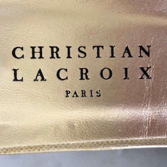 CHRISTIAN LACROIX Faux Pearl Gold Triangle Heel Tan Slide Sandal 5.5 - Picture 12 of 17